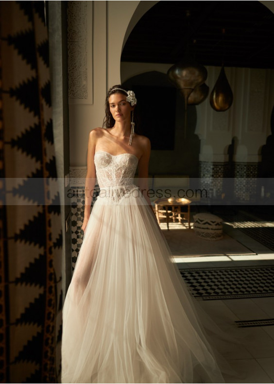 Strapless Beaded Ivory Tulle Luxurious Wedding Dress